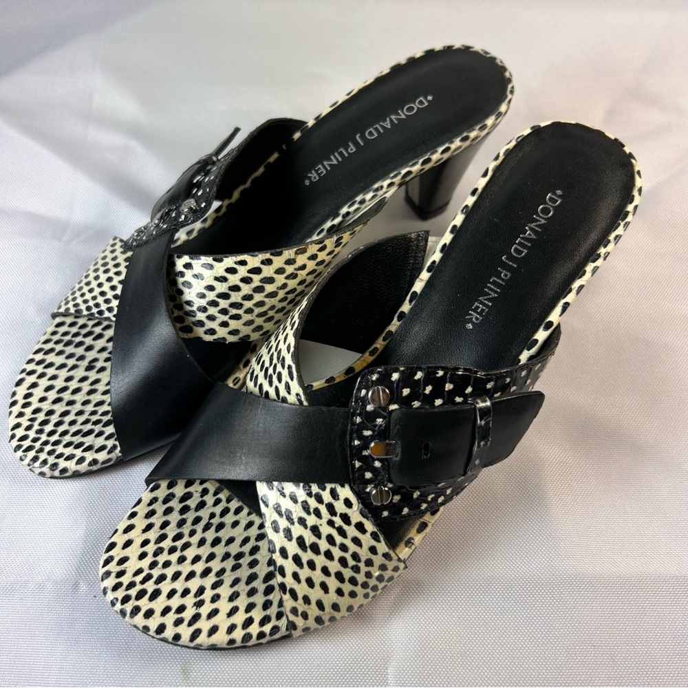 Donald J Pliner Lizard Print Leather Black & White Sandals 2.5" Heel Size 7